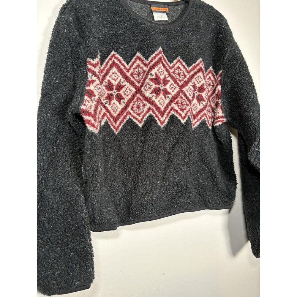 VIntage Palmetto's Fleece Pullover Black Fair Isle Geometric Made in USA Large - Picture 3 of 6